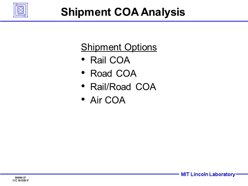 Shipment COA Analysis Shipment Options Rail COA Road COA Rail/Road COA Air COA